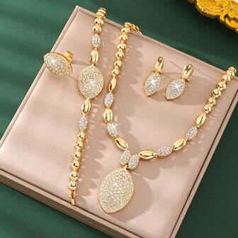 5pcs/Set Wedding Jewelry Set, V-Shaped Floral Fashion Luxury Gold-Tone Crystal Necklace, Bracelet, Ring, Earrings For Women