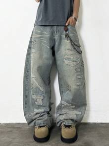 1 Stück Herren Jeans mit Justizia Bruder Stickerei, Loose Fit, gerade Beinform, Lässig (Gürtel und Zubehör nicht enthalten)