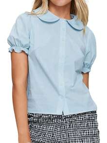 Women Y2k Cute Doll Collar T Shirt Summer Short Puff Sleeve Button Down Shirts Sweet White Blouse Going Out Crop Tops Casual Streetwear For Teen Girls Aesthetic Clothes - Màu xanh lam - Xem 4