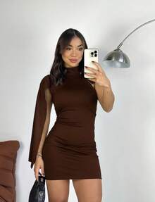 Virginia Short Dress, Gringa Style, Zero Sleeve, Side, High Collar, New Year's Eve, Loose, Simple Parties, Christmas, Knitted, Asymmetrical, Party, Night, Wedding, Birthday Party, Street, Travel, Beach, Summer - 鏽棕色 - 查看 1