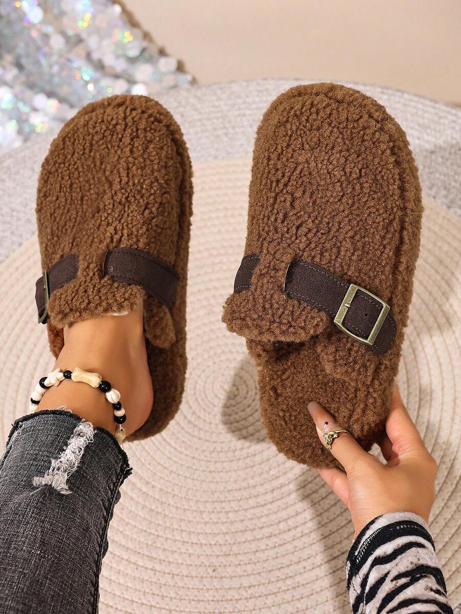 Zapatos planos de mujer con flecos, hebilla y decoración, de punta redonda, versátiles de moda, de tipo mule, para otoño/invierno, con forro de piel - Marrón - Ver 1