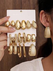 18-6pcs Punk CCB Water Drop Dangle Earrings, Asymmetrical Print C-Shape & Twisted Hoop Earrings Set, Exquisite Daily Wear Holiday Gift - Gold - View 2