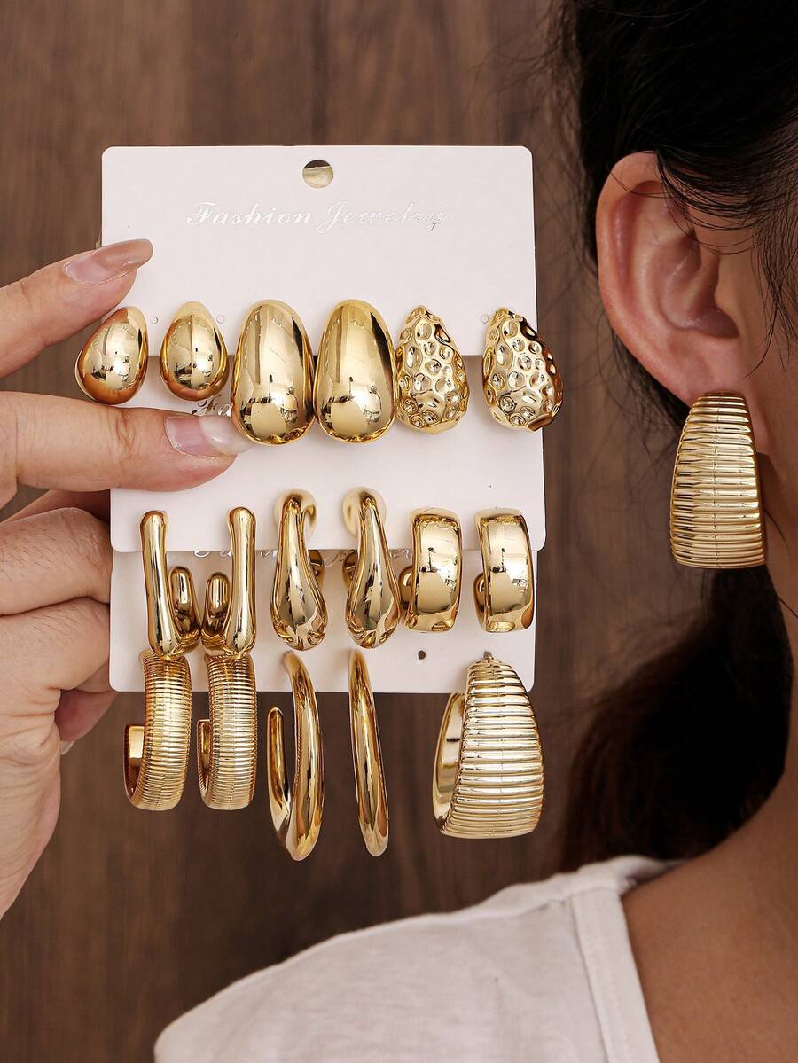 18-6pcs Punk CCB Water Drop Dangle Earrings, Asymmetrical Print C-Shape & Twisted Hoop Earrings Set, Exquisite Daily Wear Holiday Gift