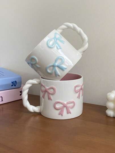 1pc 13.4oz Pink Cherry Ceramic Mug, Braided Handle Ceramic Cup, Elegant Pink Ombre Gradient Cup, Suitable For Coffee Shop Latte Art, Home Decor Drinkware, Kitchen Living Room Bedroom Water Cup, Gift Back To School