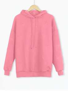 Plus Women's Solid Star Embossed Drop Shoulder Sleeve Drawstring Hooded Pullover Sweatshirt - Pink - View 3