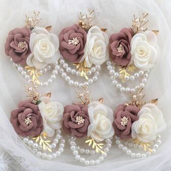 1 件/6 件优雅仿象牙玫瑰金叶腕花，新娘伴娘婚礼派对情人节弹性珍珠手链花