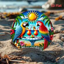 2D Printed - 1pc, Round Metal Plaque, Round Metal Plaque With Parrot Holiday Theme - Vintage Coastal Home And Kitchen Wall Art, Perfect For Cafe, Patio Or Backyard Decor, Pre-Drilled Holes, Style As Shown In Size Chart.