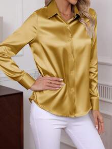 大码女士优雅府绸衬衫，经典纯色柔软舒适单排扣长袖上衣，2025秋冬新款女装大码上衣 - 金色 - 查看 5