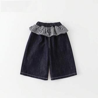 新款女童阔腿牛仔裤，腰部拼接喇叭直筒宽松牛仔裤，女童时尚格子拼接宽松休闲牛仔裤，春秋季