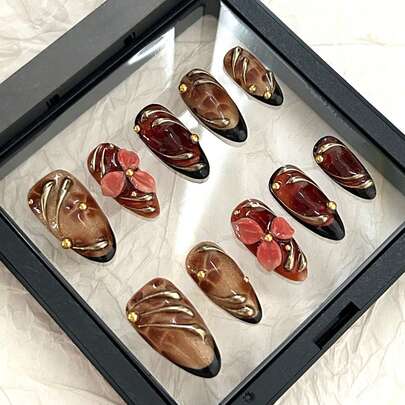 MXYIYANR 10片棕色杏仁形手工按压式美甲贴片，黑色法式指尖，棕色手绘花朵，精细闪粉甲面，3D立体花朵和镀铬浮雕装饰手工假指甲，可拆卸可重复使用，适合女孩和女士秋冬季日常佩戴，新年、感恩节、情人节、校园美甲装饰