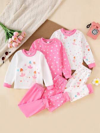 Conjunto de 6 piezas de ropa casual de baile para niñas, incluye: sudadera con estampado gráfico, tops con estampado de estrellas y niñas para combinar, pantalones de unicolor, adecuado para uso al aire libre en otoño/invierno