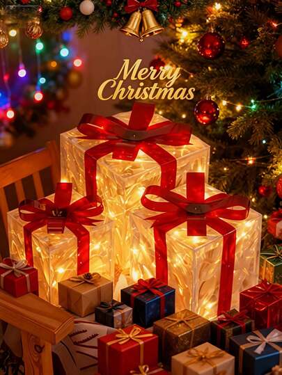 3pcs Christmas Illuminating Gift Box Set, Transparent Warm White Light Christmas Box Decor, Gift Box With Red Bow, 3-In-1 Christmas Gift Box Lights - Battery Powered, With Remote Control Infrared Sensor, Suitable For Home, Yard, Garden And Tree Decoration (Batteries Not Included), Applicable For Christmas Tree, Yard, Home, Christmas Outdoor Decor, Halloween Decor, Christmas Decor, Indoor And Outdoor Christmas Decoration, Holiday Red And White Striped Design