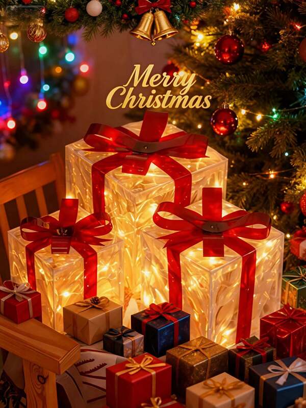 3pcs Christmas Illuminating Gift Box Set, Transparent Warm White Light Christmas Box Decor, Gift Box With Red Bow, 3-In-1 Christmas Gift Box Lights - Battery Powered, With Remote Control Infrared Sensor, Suitable For Home, Yard, Garden And Tree Decoration (Batteries Not Included), Applicable For Christmas Tree, Yard, Home, Christmas Outdoor Decor, Halloween Decor, Christmas Decor, Indoor And Outdoor Christmas Decoration, Holiday Red And White Striped Design