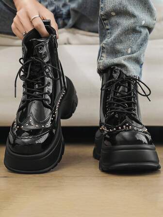 男士尖头切尔西靴，系带个性增高黑色高端真皮高帮鞋，英伦风短靴，2025新款街头宴会皮鞋