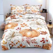 Conjunto de capa de edredom com estampa de abóbora em aquarela 3D, 2/3 peças, flores de outono com frutas vermelhas, conjunto de capa de edredom botânico (tamanho 135x200, apenas 1 fronha)