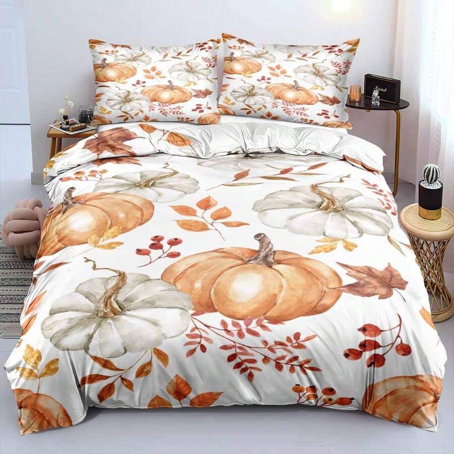 Conjunto de capa de edredom com estampa de abóbora em aquarela 3D, 2/3 peças, flores de outono com frutas vermelhas, conjunto de capa de edredom botânico (tamanho 135x200, apenas 1 fronha)