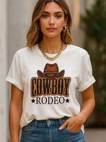 Blusa Feminina Retro com Estampa Cowgirl Ocidental  - Manga Curta Gola Redonda e Gráficos Rodeio, Looksl 100% Algodão fio 3.0  Envio Imediato - Branco - Visão 8
