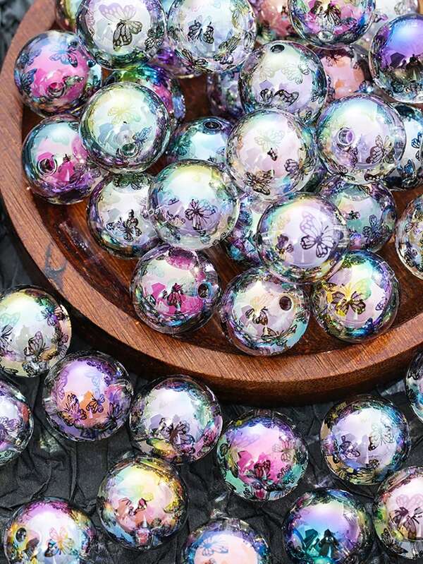 10 sztuk losowo stylizowanych akrylowych przezroczystych koralików z nadrukiem motyli z otworem, ręcznie robiona bransoletka DIY, naszyjnik, łańcuszek do telefonu, akcesoria do zawieszek