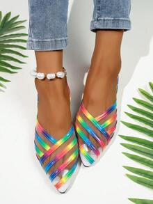 1 双高品质网眼蕾丝拼布平底凉鞋，彩虹条纹凉鞋适合户外、约会、派对和各种场合，时尚性感尖头凉鞋