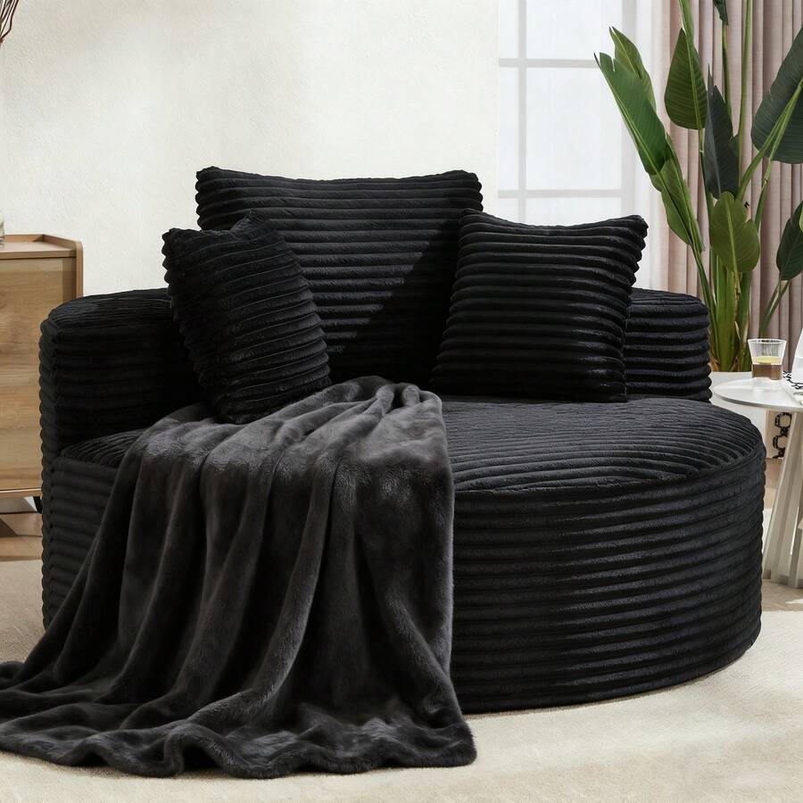 1PC 56"W Round Velvet Sofa Bed, 2-In-1 Memory Foam Couch With Spring & 3 Pillows, Medium Soft, No Assembly For Living Room & Small Spaces Black  - 黑色 - 查看 1