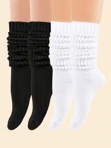 2 Pairs Women's Black & White Color Block Stylish Casual Socks, Suitable For Everyday Wear, Fall