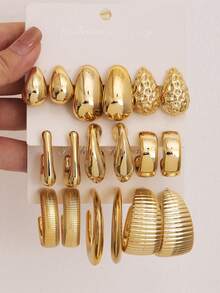 18-6pcs Punk CCB Water Drop Dangle Earrings, Asymmetrical Print C-Shape & Twisted Hoop Earrings Set, Exquisite Daily Wear Holiday Gift - Gold - View 7