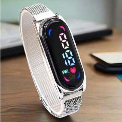 1pc Magnetic LED Display Digital Watch With Oval Pointer, Sports Digital Watch With Mesh Stainless Steel Strap