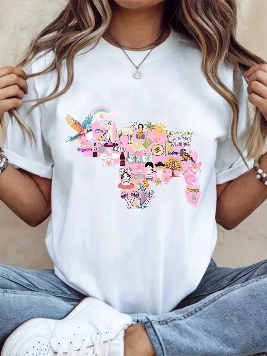 Summer Outfits For Women Vacation Outfits Women Spring Outfits For Women VenezuelaS Graphic T-Shirt, Plus Size Cotton Comfortable Short Sleeves, 220g - 白色 - 查看 1