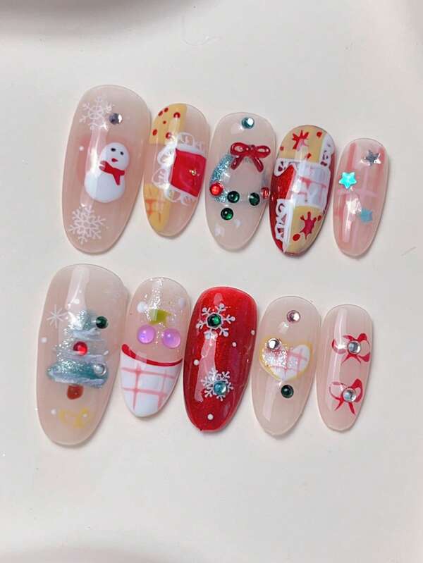10 Stück mittelgroße mandelförmige Nägel, die rein von Hand mit süßen Weihnachtsmotiven wie Schneemännern, Weihnachtsbäumen, Kränzen, Herzen, Kirschen, Schleifen, Schneeflocken und anderen Elementen bemalt sind. Es ist ein Muss-haben Nagelkunst für süße und niedliche Mädchen im Stil. Es ist vielseitig einsetzbar und lässt die Haut jeden Tag heller erscheinen. Es eignet sich für den Besuch von Partys, Tänzen, Zusammenkünften.