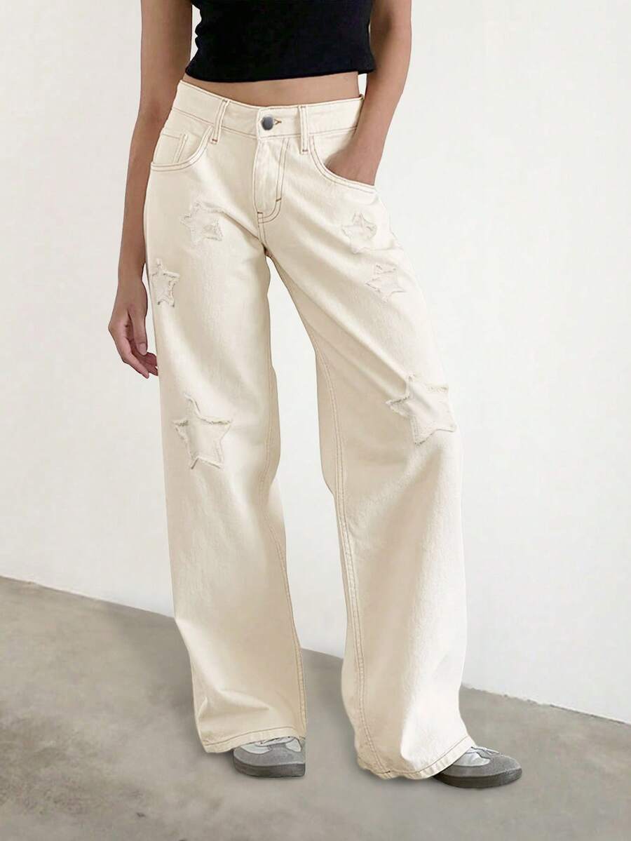 Jeans rectos y casuales de mujer de color blanco, hechos de tela con estampado de estrella desgastada y sin estiramiento, adecuados para uso diario
