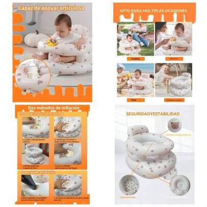 Asiento Inflable Circundante para Bebs de 3 a 36 Meses, Asiento Tipo Bumbo con Bomba de Aire Incorporada y Bandeja, Silla para Bebs Capaz de Soportar Peso Osos
