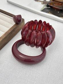 1pc/3pcs Set Vintage Geometric Resin Beaded Elastic Bracelet, Minimalist Punk Cuff Bangle, Charming Jewelry For Women Daily Wear - Burgundy - View 7