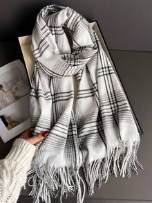 1件秋冬女士优雅复古多色格纹条纹提花仿羊绒围巾/披肩，带流苏，男女通用冬季保暖休闲加厚款连衣裙围巾 - 白色WT271-2 - 查看 5