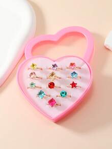 1set/12pcs Girls' Adjustable Cartoon Rings With Faux Gemstones, Gold Color