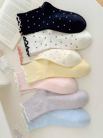 7 Pairs Women's Polka Dot Ruffle Trim Breathable Mid-Calf Socks, Spring/Summer