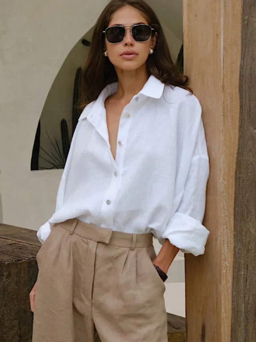 Elegant Casual Women's Long Sleeve Button Front Shirt, Regular Fit, Polyester Blouse Top, Versatile For All Seasons, Suitable For Daily Commute White - White - View 1