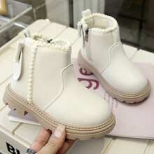 1 双时尚蝴蝶结侧拉链休闲婴儿踝靴，女童正装靴 - 米色 - 查看 8