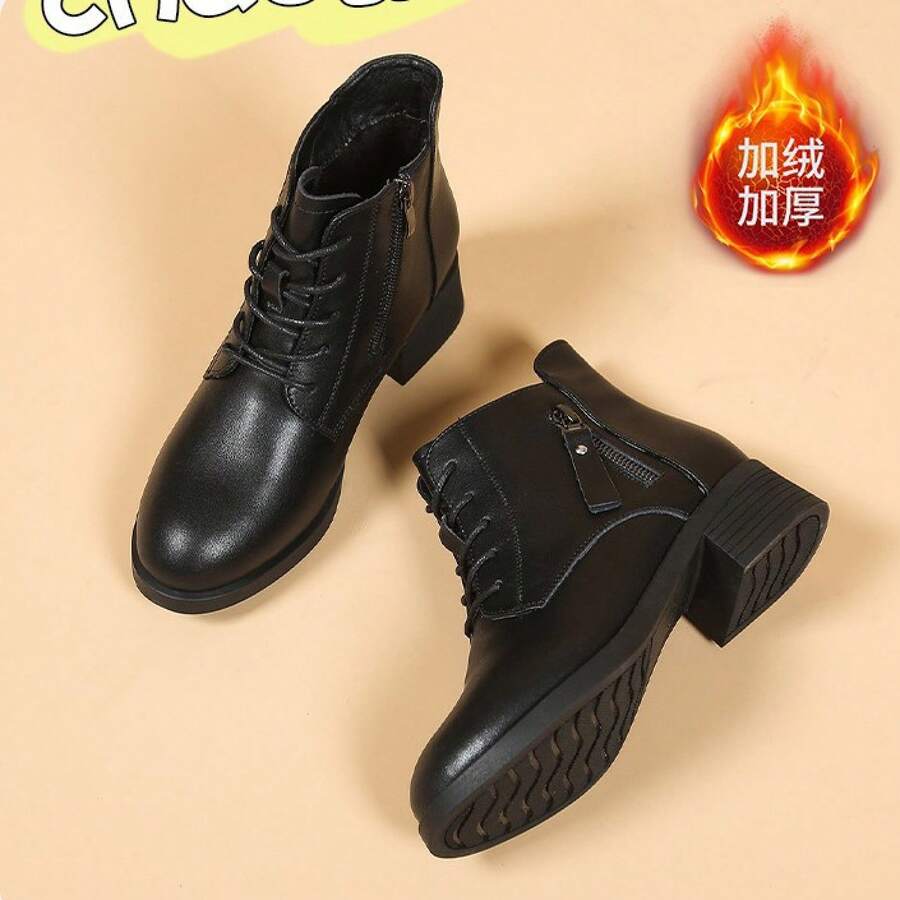 Zapatos de mamá vintage de cuero suave con suela blanda, cómodos, otoño invierno 2025, nuevos botines cortos de comercio exterior con tacón grueso y forro de lana - Soltero negro - Ver 1