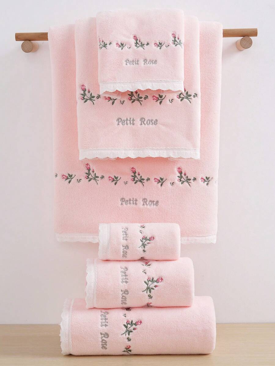 Bộ 3/2/1 khăn tắm thêu hoa bằng vải lông san hô, hoa hồng nhỏ trang nhã, chất liệu microfiber thấm hút tốt, mềm mại, thích hợp cho phòng tắm, khách sạn, phòng tập thể dục, du lịch, quà tặng, salon, thể thao, ngoài trời, bãi biển, trường học, chuẩn bị năm học mới, phụ kiện du lịch, đồ dùng thiết yếu tại nhà, khăn tắm, chăm sóc da. - Hồng - Xem 1