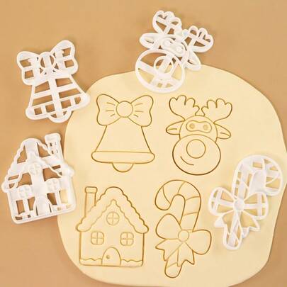 4 件套卡通圣诞印章模具、铃铛、拐杖糖、驯鹿压花工具、烘焙饼干模具