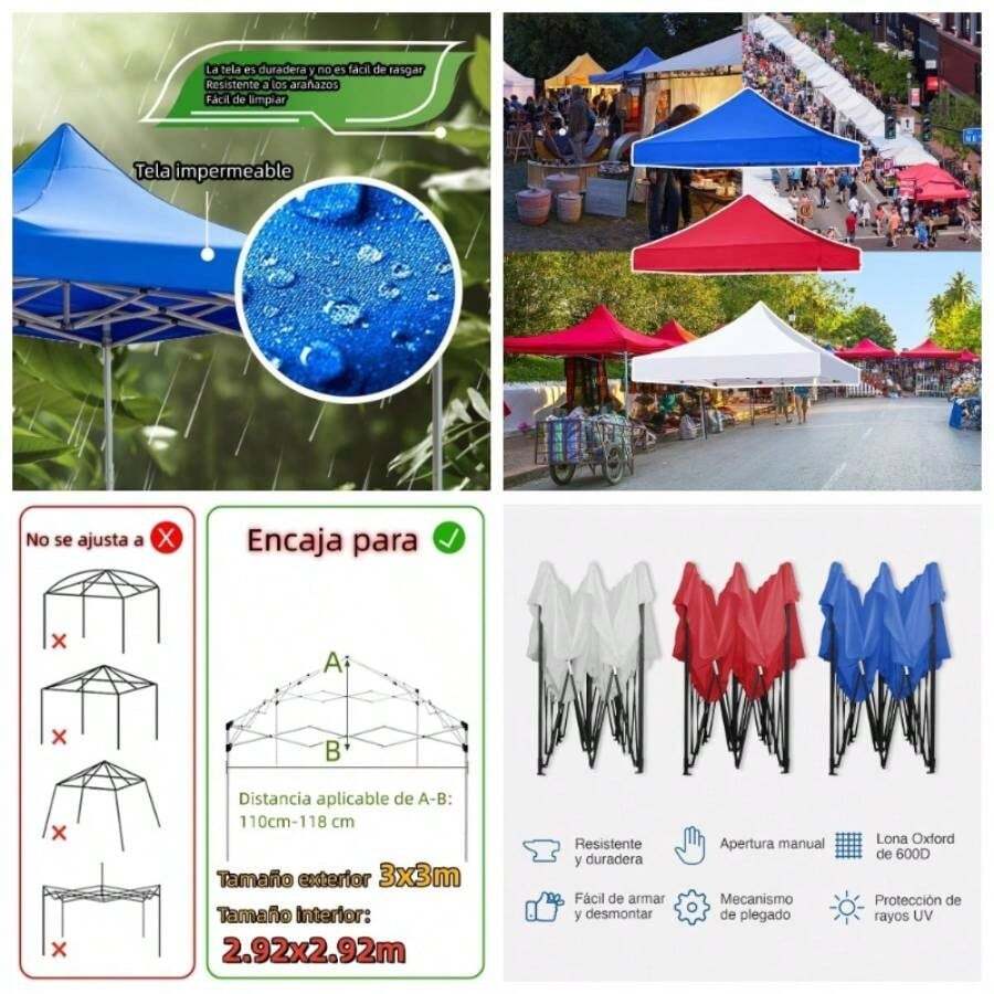 Repuesto De Lona para Toldo sin Paredes Tamao Exterior 3x3m Interior 2.92x2.92m Impermeable Proteccin Plegable Acero Lona Impermeable Jardn Casa Exterior Facil Armado Y Transporte Blanca - Blanca - Ver 1