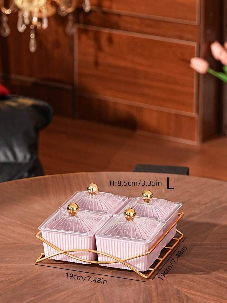 1 Set Of Purple Round/Square Plate Tray Set, Snack Dry Fruit Candy Serving Dishes, Luxury Holiday Party Food Storage Dish Set, Suitable For Various Festivals, Parties, Living Room Tabletop Storage, Purple Dishes On Golden Trays - Purple Square Plate + Gold Iron Stand - View 14
