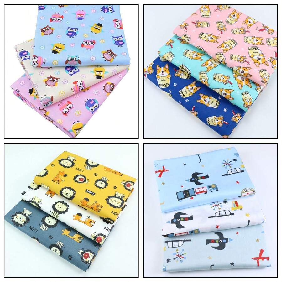 3 Pcs/Lot Cartoon Animal Series Cotton Twill Fabric Owl/Cat/Dog/Swallow Design Printed Cloth Amusement Park/Lion/Giraffe Design DIY Handmade Cloth Head Quilting Patchwork Cloth Group Pillow Cover Cloth Block Sewing Scrapbooking Cloth Tecidos Calico - C - View 1