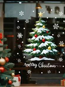 1pc Christmas Sticker, Snowy Landscape & Christmas Tree Wall Decal, Removable Glass Window Wall Sticker Decoration - Multicolor - View 6