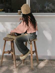 女式休闲街头风格宽松破洞毛衣 - 粉色 - 查看 2