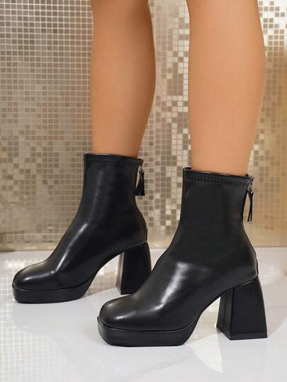 Nuevos botines de tacón grueso para mujer para otoño e invierno, con plataforma impermeable, cremallera trasera, estilo de botas, aumenta la altura para personas de baja estatura, suela gruesa, disponible en color negro y albaricoque, estilo corto