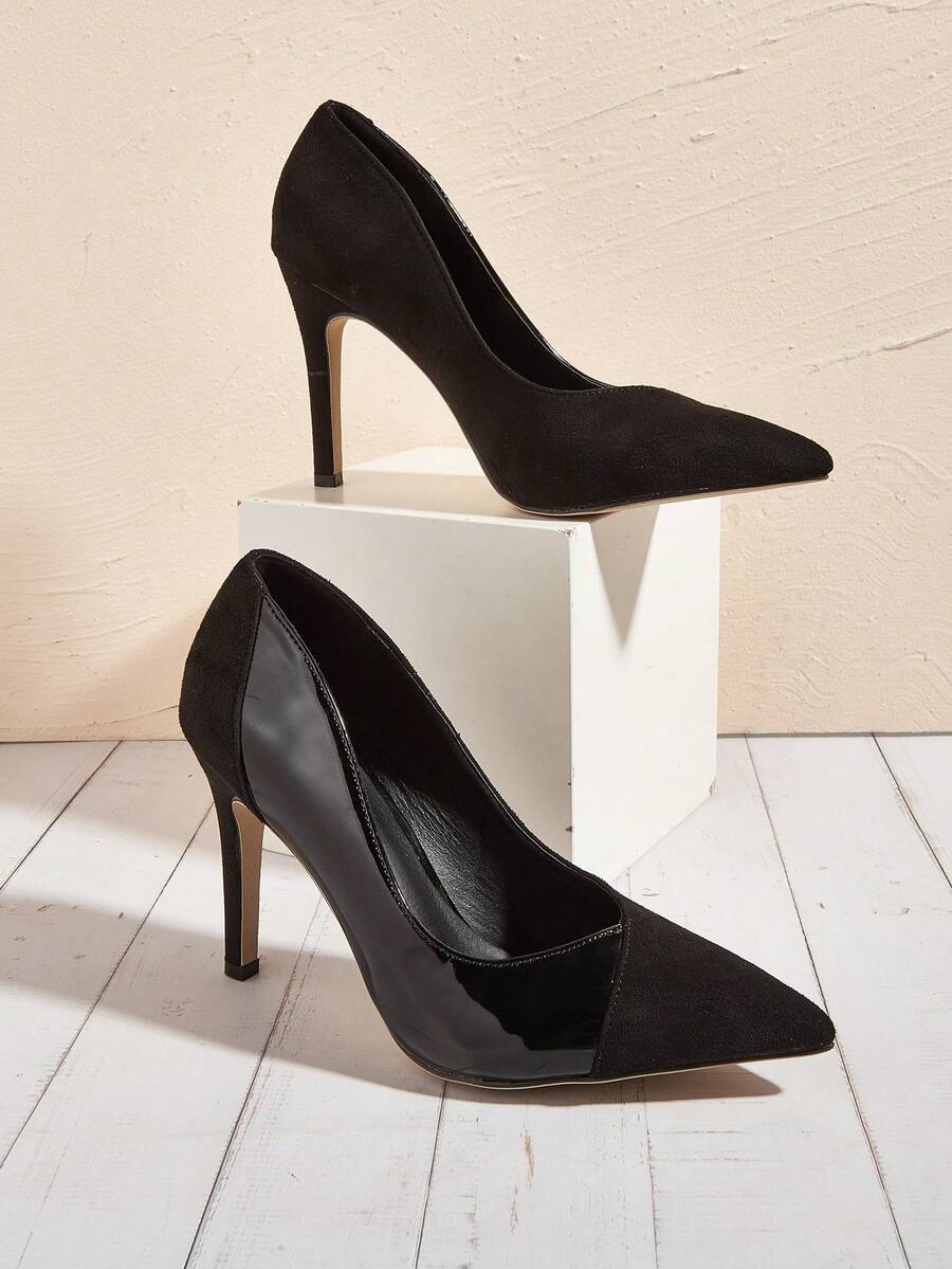 黑色仿麂皮拼接亮面尖头优雅女士细高跟鞋，适合日常穿着、派对、宴会，舒适的女士高跟鞋 - 黑色 - 查看 1