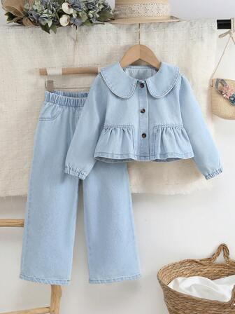 2pcs/Set Toddler Girls Sweet Cute Peter Pan Collar Top Paired With Simple Outdoor Casual Fashion Blue Denim Pants, Autumn/Winter New Arrival