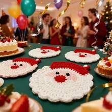 4pcs Handmade Crochet Santa Claus Coasters - Holiday Red & White Decor, Durable Fabric Drink Coasters, Christmas Table Decor, Christmas Decorations, Home Decor, Christmas Ornaments, Unique Fun Christmas Gift, Christmas Theme Party Decor, Soft Handcrafted Coasters, Great For Home, Office And Birthday Gifts - Multicolor - View 5