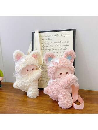 1 pieza de linda bolsa de regazo con conejito, una mochila de peluche suave y adorable para uso de doble hombro, una bolsa de almacenamiento de papelería de gran capacidad y apariencia de alta gama, adecuada para una chica con un corazón suave, una bolsa dulce de uso individual o doble hombro adecuada para niñas, también se puede usar como regalo.